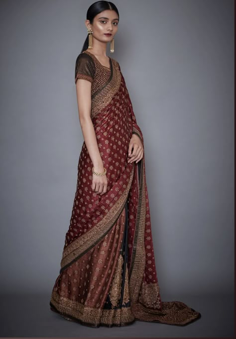 Ritu Kumar Saree, Burgundy Saree, Drape Sarees, Floral Print Sarees, Desi Wear, Modern Saree, Ritu Kumar, Saree For Women, Embroidered Saree