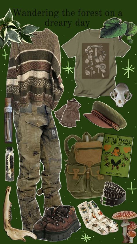 This is what I would wear for a nice walk in the woods/forest on a cloudy and dreary day. (I was bored so I made this collage) The Forest Aesthetic, Forestcore Outfit, Forest Aesthetic Outfit, Goblincore Outfits, Fairy Grunge Outfit, Forest Clothes, Grunge Fits, Silly Clothes, Forest Aesthetic