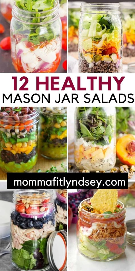 Mason Jar Salads Healthy, Salads For Meal Prep, Jar Lunch Ideas, Jar Meal Prep, Jar Lunches, Mason Jar Meal Prep, Salads In A Jar, Jar Salad Recipes, Mason Jar Lunch