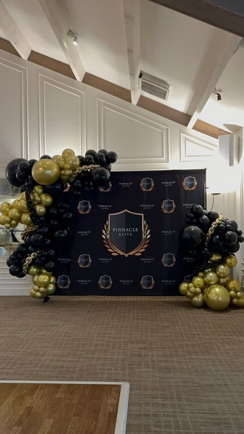 Black And Gold Corporate Event, Corporate Photobooth Ideas, Backdrop Corporate Events, Black And Gold Draping Backdrop, Grand Opening Theme Ideas, Business Grand Opening Decor Ideas, Barbershop Grand Opening Ideas, Company Anniversary Decoration Ideas, Company Event Decoration