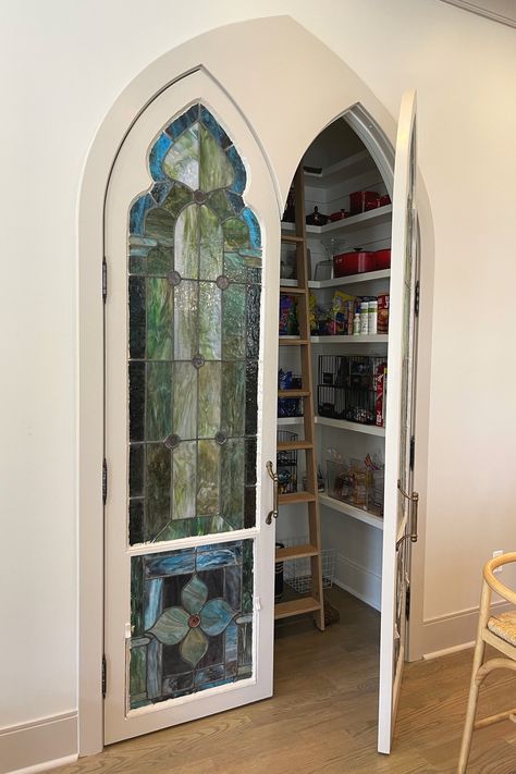 One-Note to One-of-a-Kind — Zoe Feldman Design Stained Glass Kitchen Cabinet Doors, Cool Doors Interior, Stained Glass French Doors Interior, Stained Glass Pantry Door, Stained Glass French Doors, Homestead House Interior, Stained Glass Kitchen Cabinets, Stained Glass In House, Stained Glass Doors Interior