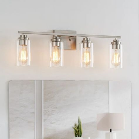 Ebern Designs Mayleah 4 - Light Dimmable Vanity Light & Reviews | Wayfair Bathroom Light Fixtures Brushed Nickel, Vanity Lighting Over Mirror, Brushed Nickel Bathroom Lighting, Bathtub Ideas, Modern Vanity Lighting, Brushed Nickel Bathroom, Contemporary Vanity, Vanity Light Fixtures, Vanity Lights