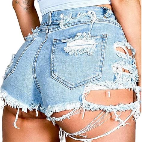 Denim Distressed Shorts Brand New Stretchy Shorts And Very Trendy Cheeky Shorts Outfit Women, Ripped Denim Shorts Women, Bodysuit And Jean Shorts, Short Shorts Outfit Women, Ripped Denim Shorts Outfit, Mini Jeans, Cut Out Jeans, Two Piece Set Pants, Stretchy Shorts