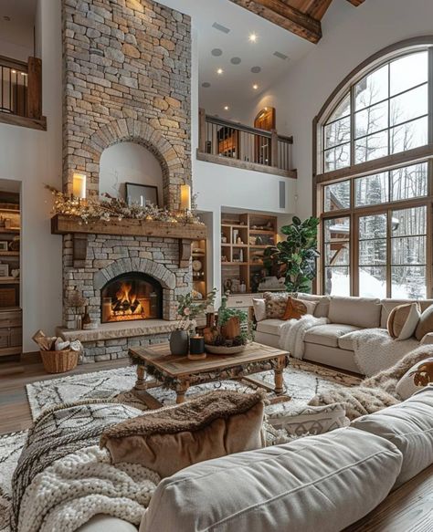 Living Room Decor Craftsman, Dream House Interior Aesthetic, Cute Cozy House Ideas, Building A House Interior Ideas, Large Stone House, Big Comfy Living Room, Western Asethic House, Different Style Homes Interior Design, Cozy Big House