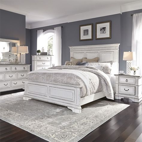 Abbey Park distressed white farmhouse style bedroom set. Elegant, rustic look. Queen or king size bed, dresser, mirror, night stand, tall chest, wardrobe/door chest available. Made by Liberty Furniture. Nice Bedroom, White Bedroom Set, Bedroom Minimalist, White Bed, White Bedroom Furniture, Furniture Shopping, Bedroom Panel, Country Bedroom, Style Deco