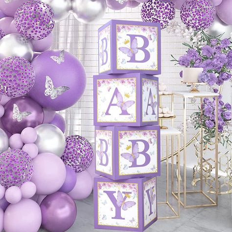 Baby Shower Ideas Purple Theme, Baby Shower For A Girl Ideas, Lavender Baby Shower Centerpieces, Baby Shower Theme Butterfly, Purple Butterfly Decor, Pink And Purple Baby Shower Decorations, Purple Flower Baby Shower Theme, Lilac Baby Shower Ideas Decoration, Butterfly Shower Ideas