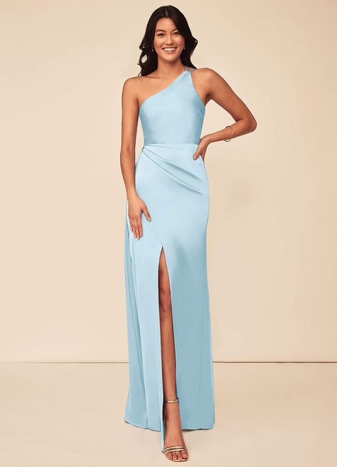 Azazie Maron Stretch Satin Dress Bridesmaid Dresses | Azazie Light Blue Silk Dress, Satin Dress Bridesmaid, Sky Blue Bridesmaid Dresses, Bridesmaid Dresses Satin, Stretch Satin Dress, Dusty Blue Bridesmaid Dresses, Blue Silk Dress, Blue Bridesmaid Dress, Shoulder Stretch