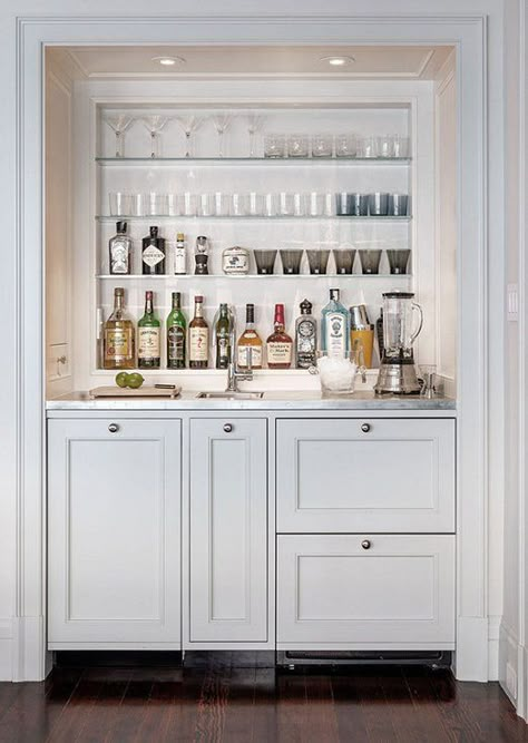 25 Creative Built-In Bars and Bar Carts Wet Bar Designs, Bar Nook, Cabinets And Shelves, Closet Bar, Transitional Dining Room, Bar Cart Styling, Cabinet Paint Colors, Built In Bar, White Bar