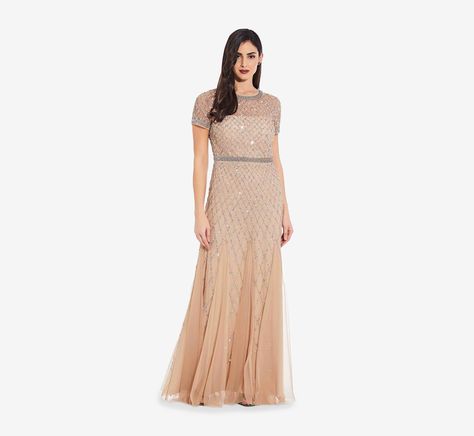 Cap Sleeve Beaded Gown In Lead | Adrianna Papell Embellished Tulle Evening Dress Floor-length, Floor-length Embellished Tulle Evening Dress, Embellished Tulle Maxi Evening Dress, Embellished Floor-length Evening Dress, Embellished Tulle Evening Dress For Reception, Embellished Tulle Dresses For Receptions, Embellished Tulle Dress For Reception, Vow Renewal Dresses, Champagne Gold Wedding