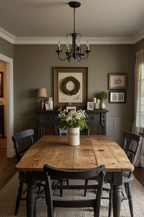 Farmhouse Black Kitchen Table, Small White Dining Room Ideas, Dark Green Panelling Dining Room, Country Farmhouse Dining Room Decor, Dining Room Home Decor, Old Dining Table Modern Chairs, Transitional Dining Room Wainscoting, Traditional Style House Interior, Dining Room Homework Area