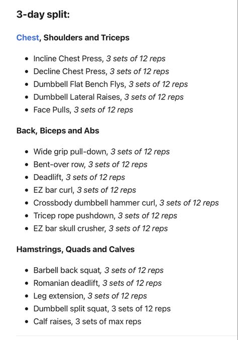 3 day split workout plan with muscle group combinations per day. Workout Split Schedule Women, Workout Schedule Weights, Workout Plan Gym Schedule, Gym Schedule For Women 3 Day, Beginner Split Workout, Two Day Workout Split, 3 Day Womens Gym Workout, Best Split Workout, Combination Workouts Gym