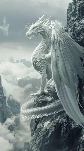 ↑↑↑ Larger size on website 🔸 A majestic white dragon with feathery wings perches atop a craggy mountain peak. Its scales shimmer  🔸 From Midjourney AI Image White Dragon Aesthetic, White Wyvern Art, Silver Wing Dragon, White Dragon Horse, Blue Eyes White Dragon Art, Magical Writing, Pretty Dragon, Air Dragon, White Feathered Dragon Art