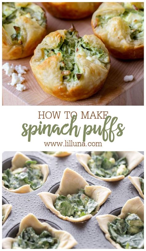 Buttery spinach puffs are cheesy and savory with pops of bacon. As you can imagine, they are a hit at parties! #spinachpuffs #cheesyspinachpuffs #spinach #appetizers #puffpastry