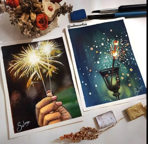 Festival Painting Ideas, Diwali Painting Watercolour, Sparkler Painting, Diwali Painting Ideas, Watercolour Calendar, Fireworks Painting, Diwali Painting, Polaroid Painting, Festival Paint