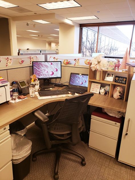 Cubicle Decorating Ideas For Work, Rustic Office Decor Work Spaces, Work Cubicle Aesthetic, Home Office Cubicle, Administrative Assistant Office Decor, Work Cube Decorating Ideas, Office Desk Cubicle, Office Desk Decor For Work Professional, Corner Cubicle Decor