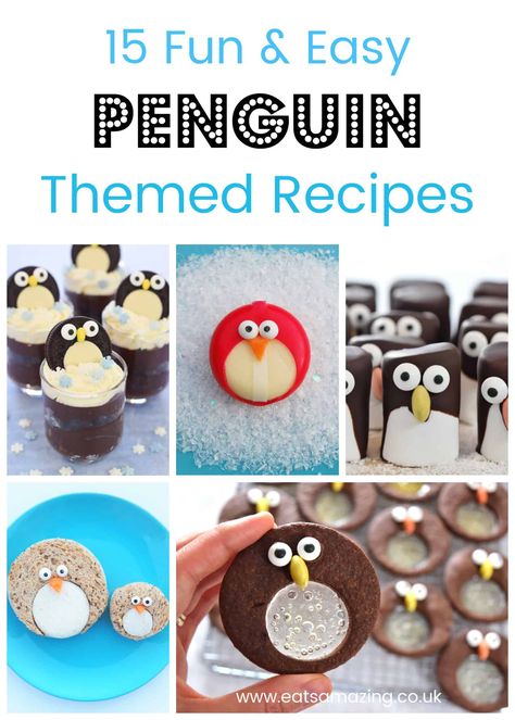 15 fun and easy penguin themed recipes for kids - fun and easy penguin themed food for winter and Christmas parties Winter Theme Snacks, Winter Food Crafts For Kids, Antarctica Food, Snow Themed Food, Penguin Rice Krispie Treats, Penguin Snacks For Preschool, Winter Themed Food, Penguin Treats For Kids, Penguin Snacks For Kids