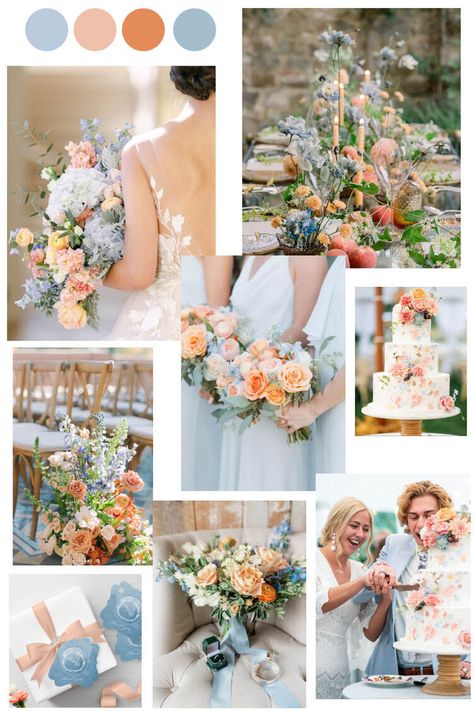 Blue Wedding Colour Theme, Orange And Blue Wedding, Blue Orange Weddings, Peach Wedding Theme, Peach Wedding Colors, Wedding Color Schemes Summer, Pastel Wedding Theme, Orange Wedding Themes, Wedding Color Schemes Spring