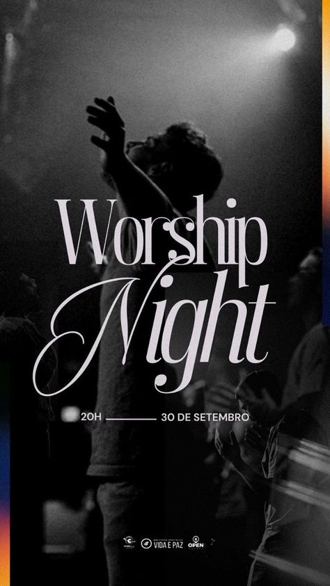 Worship Night - Church Design - Social Media Church - Inspiration Design - Flyer. Worship Night Graphic, Detachable Tulle Train, Church Poster Ideas, Church Announcements, Church Media Graphics, Church Branding, Social Media Church, Church Marketing, Worship Night