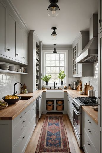 Small galley kitchen design inspiration! Boost functionality and style with these 20 clever ideas, from sleek cabinetry to clever storage solutions. Get ready to transform your compact cooking space - click to explore now! Farmhouse Kitchen Galley Style, Tiny Loft Kitchen, English Cottage Galley Kitchen, English Galley Kitchen, Small Kitchen In Basement Ideas, Closed Galley Kitchen, Galley Kitchen Butcher Block Counter, Small Devol Kitchen, Small Hallway Kitchen Ideas