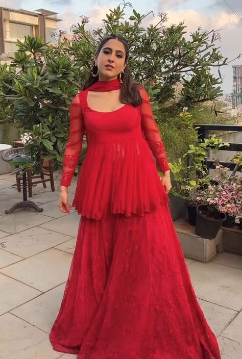 Red Garara Dress Simple, Red Sarara Dress, Paplon Design Suit, Red Gharara Outfit, Red Garara Dress, Sarara Dress Indian Weddings, Muslim Wedding Guest Outfit, Simple Sharara Suit, Simple Sharara