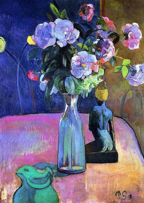 Paul Gauguin (1848-1903) " Roses and Statuette." Gauguin Tahiti, Andre Derain, Art Amour, Istoria Artei, Vase With Flowers, Pierre Bonnard, Flowers In A Vase, Amedeo Modigliani, Impressionist Artists