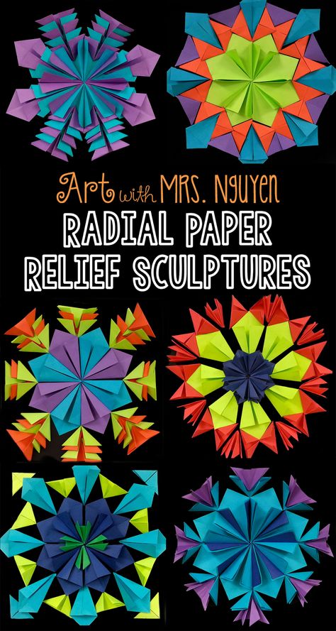 Paper Relief, Classe D'art, Steam Art, Middle School Art Projects, 6th Grade Art, 4th Grade Art, 5th Grade Art, Folding Origami, Symmetry Art