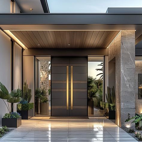 Minimalist entrance with smooth, dark metal, perfect for a modern aesthetic Modern Doorway Entrance, Modern Front Entry Door, Double Door Design Modern Entrance, Big Doors Entrance House Modern, Grand Entrance Ideas, Luxury Entrance, Villa Main Door Entrance, Luxurious Entrance Door, Side Entrance Ideas Exterior