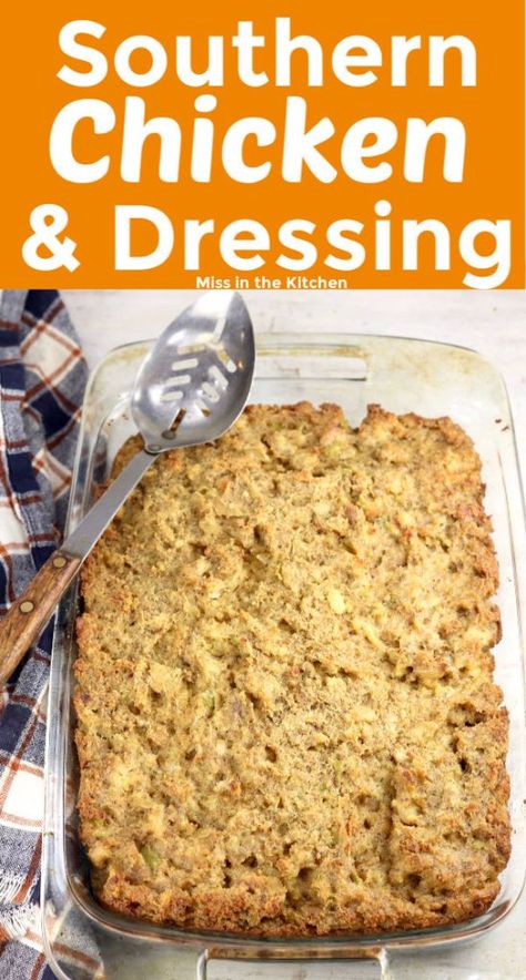 Chicken and Dressing {Southern Style} - Miss in the Kitchen Dressing Southern Style, Southern Chicken And Dressing, Southern Dressing Recipe, Budget Salad, Chicken Dressing Recipe, Cornbread Dressing With Chicken, Chicken And Dressing, Chicken And Dressing Casserole, Dressing Recipes Thanksgiving