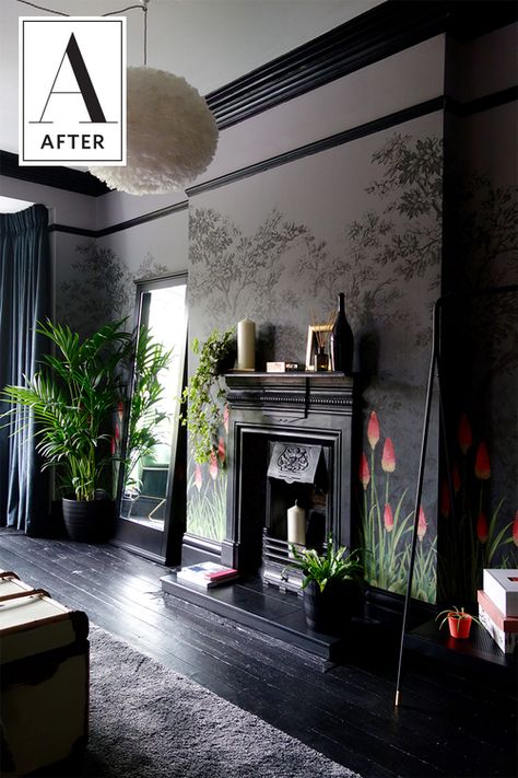 A Jaw-Dropping Guest Bedroom Makeover | Apartment Therapy Ideas For Dark Rooms, Rugs Colorful, Dark Rooms, Mad About The House, Dark Living Rooms, Wallpaper Retro, Decor Eclectic, Room Painting, Black Living Room