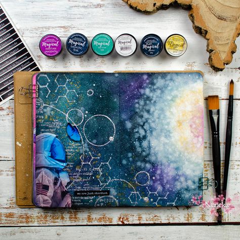 Galaxy Journal Ideas, Galaxy Junk Journal, Painting On Book Pages, Space Scrapbook, Space Notes, Yearbook Cover, Mixed Media Art Journal, Yearbook Covers, Art Alevel