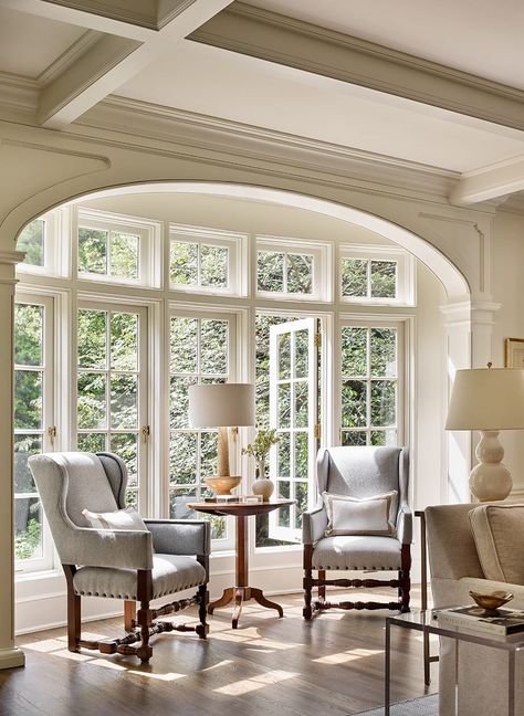 Custom Home Design Gallery | Frank G Neely Design Associates Room With Natural Light, Arch Windows, Millwork Details, Wingback Chairs, Historic Renovation, Exposed Beams, Custom Home Designs, Family Rooms, Architectural Details