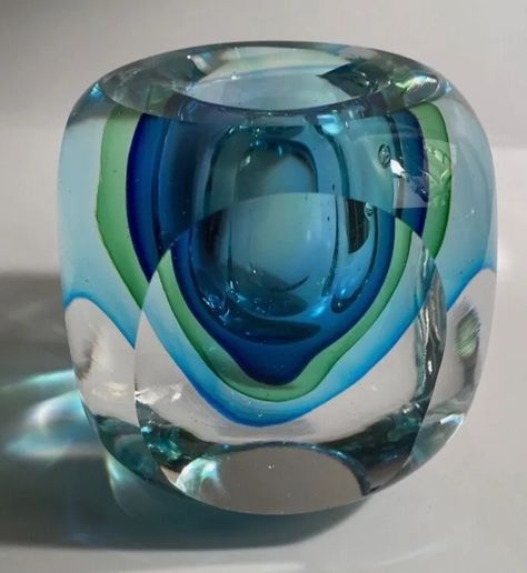 Blues and Greens Murano Sommerso Art Glass Faceted Block Vase Candle Holder | eBay Murano Glassware, Shiney Things, Hand Blown Glass Art, Contemporary Vases, Murano Glass Jewelry, Alberto Giacometti, Contemporary Glass Art, Murano Glass Vase, Blown Glass Art