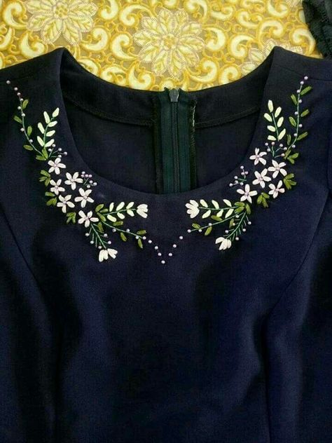 Ribbon Embroidery On Blouse, Embroidery Design For Blouse Simple, Kurti Neck Embroidery Designs, Ribbon Embroidery Dress, Sulaman Pita, Neckline Embroidery, Clothes Embroidery Diy, Simple Hand Embroidery Patterns, Hand Embroidery Dress