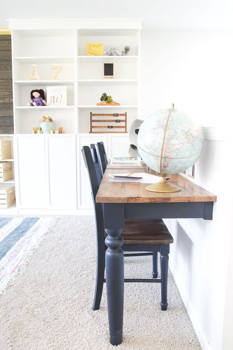 Repurposed Kitchen Table Turned Desks | blesserhouse.com - How to use a repurposed kitchen table to cut in half and make wall-mounted desks for a playroom makeover with Fusion Mineral Paint Midnight Blue. Repurposed Kitchen, Half Table, Wall Mounted Table, Fusion Paint, Wall Mounted Desk, Wall Table, A Desk, Repurposed Furniture, Home Projects