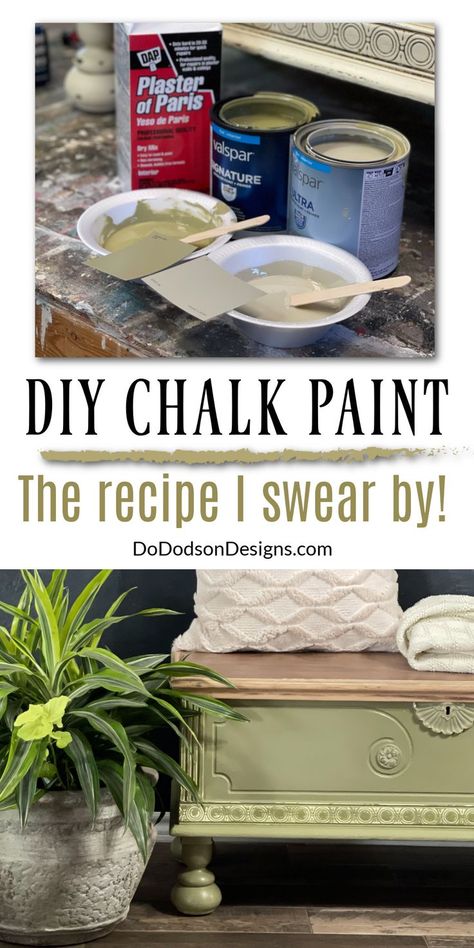 It's the same DIY chalk paint recipe I used when I started my furniture painting business ten years ago, and I still swear by it today. Plaster of paris mixed with plain ole latex acrylic resin paint. Budget-friendly chalk paint! Paint Dresser Diy, Best Chalk Paint, Diy Chalk Paint Recipe, Paint Furniture Diy, Make Chalk Paint, Paris Crafts, Shabby Chic Furniture Diy, Chalk Paint Furniture Diy, Chalk Paint Recipe