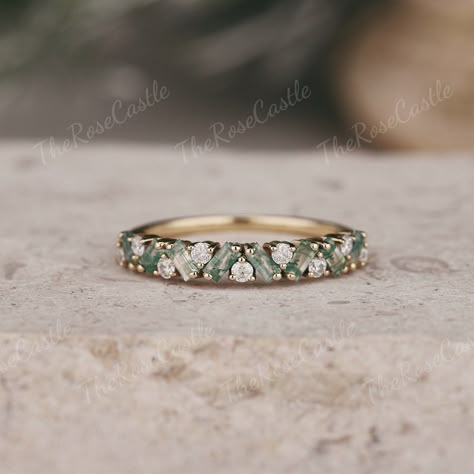 Unique Moss Agate Moissanite Wedding Band Eternity Gold Rings Art Deco Eternity Band Moss Agate Matching Rings Personalized Gift for Her - Etsy 10 Stone Ring, Cute Wedding Bands For Women, Mothers Ring Ideas Stackable, Low Profile Anniversary Ring, Wedding Ring Non Traditional, Woman’s Rings, Moss Agate Engagement Ring With Wedding Band, Moss Agate Promise Ring Gold, Unique Engagement Bands For Women