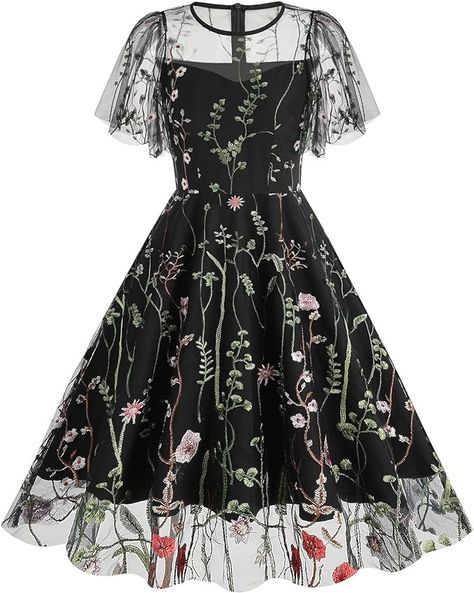 Amazon.com: Spaghetti Straps Mesh Floral Embroidery Dress Tulle Flower Dress for Women Mesh Embroidered Dress 50s Cocktail Dresses for Women Wedding Guest Dresses for Women Tea Party Dress Apricot-Seaweed L : Clothing, Shoes & Jewelry Dresses Slytherin, 1950s Cocktail Dress, Vintage Long Dress, Midi Dress Elegant, 2025 Trends, Cocktail Formal, Girly Dresses, Round Neck Dresses, Vestidos Vintage