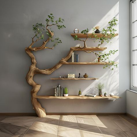 The tree branch bookshelf is meticulously handcrafted, each natural tree branch is delicately shaped, bringing natural and unique beauty. Tree branches are completely natural so there will be differences between products and actual photos. With 15 years of experience in the furniture industry, we always perfect each product before reaching customers. Inspired by the shape of a tree, the tree branch bookshelf gives users an environmentally friendly feeling. With ancient design mixed with modernity, suitable for any space so you can be installed in many different locations such as living room, bedroom, nursery, office,... We can customize size, shape and color according to customers' requirements and preferences. After the product was completed, we would take photos and send them to customer Tree Shelf Corner, Tree Inspired Furniture, Large Branch Decor, Nursery Tree Bookshelf, Tree Branch Shelves, Whimsical Living Rooms, Interiors Inspired By Nature, Tree Branch Bookshelf, Animal Furniture Design