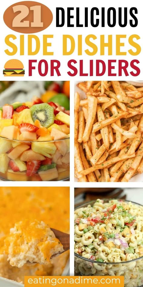 Learn what to serve with sliders besides chips. Try these easy side dish ideas perfect for busy weeknights or for parties with your favorite sliders recipe.  You’ll love these delicious slider sandwiches side dishes that the entire family will love.  #eatingonadime #slidersides #sidedishes #sidedishrecipes Pork Sliders Sides, Side Dishes For Sliders, What To Serve With Sliders, Pulled Pork Side Dishes, Bruschetta Board, Pork Side Dishes, Hamburger Side Dishes, Sliders Recipes Hawaiian Rolls, Sandwich Sliders