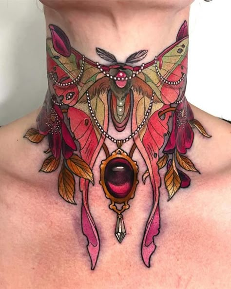 Hydrangea Back Tattoo, Art Nouveau Moth Tattoo, Moth And Lantern Tattoo, Snake Throat Tattoo, Luna Moth Neck Tattoo, Chest Pieces For Women, Colorful Neck Tattoo, Cute Bee Tattoo Ideas, Flower With Wings Tattoo