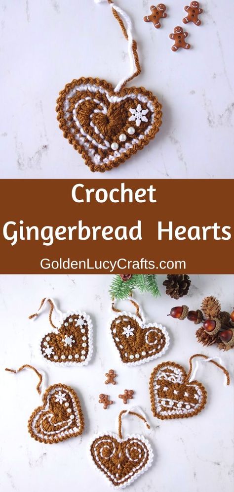 Make these beautiful crochet Gingerbread Heart ornaments to decorate your home and Christmas tree or give them to friends and family! Free crochet pattern, gingerbread decorations, holiday crochet, DIY Christmas ornament, #gingerbreadheart, #christmasornament, #crochetchristmasornament, #christmasdecorations Gingerbread Heart, Crochet Gingerbread, Crochet Xmas, Gingerbread Decorations, Crochet Christmas Decorations, Beginner Sewing, Crochet Ornaments, Christmas Hearts, Crochet Decoration