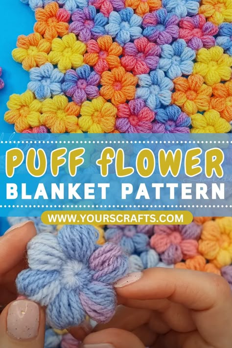 PUFF FLOWER BLANKET Afghan Flower Crochet, Crochet Flowers Blanket Free Pattern, Crotchet Flower Blanket, Flower Temperature Blanket, Free Puff Flower Crochet Pattern, Puff Stitch Flower Blanket, Puff Flower Blanket Crochet, Crocheted Flower Blanket, Puffy Flower Crochet Blanket