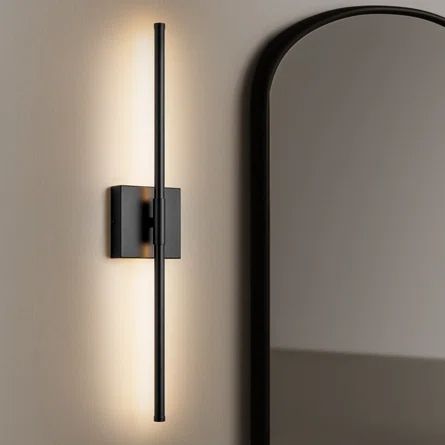 Wrought Studio Exael Iron LED Armed Sconce | Wayfair Matte Black Accents, Hallway Light Fixtures Wall, Modern Sconces Bedroom, Long Wall Lights, Light Sconces Bathroom, Movie Room Sconces, Minimalist Bathroom Lighting, Sconses Hallway Modern, Black Wall Sconces Living Room