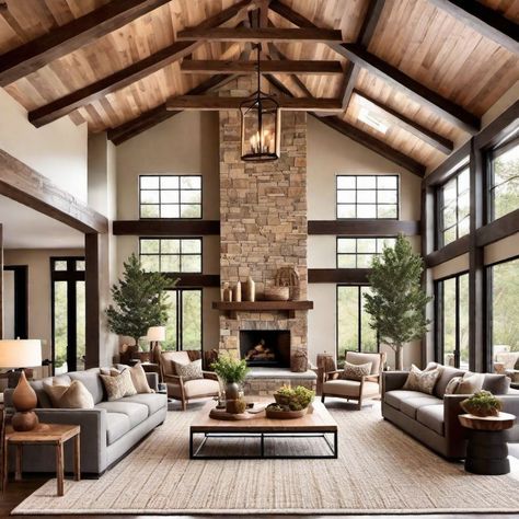 Mountain Lodge Home Decor, Mountain House Design Architecture, Nature Inspired Home Interior, Cozy Living Rooms With Color, Transitional Mountain Home, Mountain Rustic Decor, Rustic Modern Home Design, Colorado Style Homes, Livingroom Color Ideas