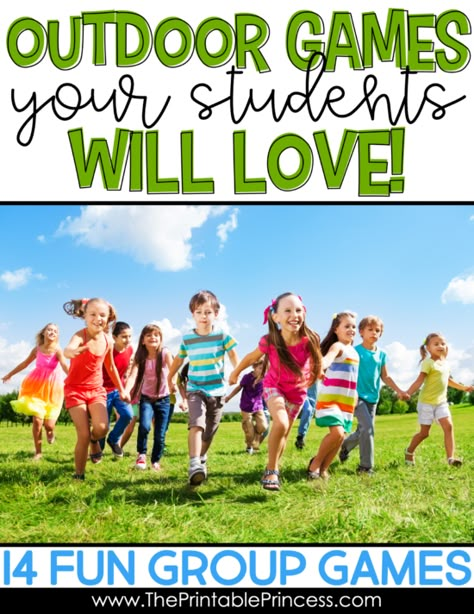 Spring is a perfect time to get outside and play with your students! Are you looking for some fun group activities to help get the wiggles out and enjoy the fresh air and warm sunshine? Check out these 14 ideas for fun outdoor games for kids. These outdoor games are perfect for a large group of kindergarten and first grade students. Large Group Activities Elementary, Preschool Recess Games, Outdoor Pe Games For Middle School, Recess Activities Outdoor, Large Motor Games For School Age, Outdoor Ideas For Kindergarten, Outside Games For Vbs, Large Motor Games For Preschoolers, Outdoor Activities For Kindergarteners