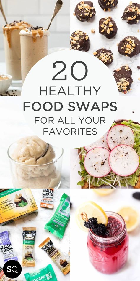 Whether you’re looking to make some changes in your diet or exploring new food ideas, here you’ll find original products and healthy alternatives to some of your favorite foods: snacks, sweets, drinks, condiments, and more! Try these healthier choices; you won’t regret it! 20 Healthy Food Swaps | Healthy Eating Ideas | Simply Quinoa Healthy Food Alternatives Clean Eating, Healthier Food Alternatives, Alternatives To Sweets, Healthier Choices, Healthier Alternatives, How To Make Healthier Food Choices, Sweet Tooth Alternatives Healthy, Gluten Free Food Swaps, Homemade Food Swaps