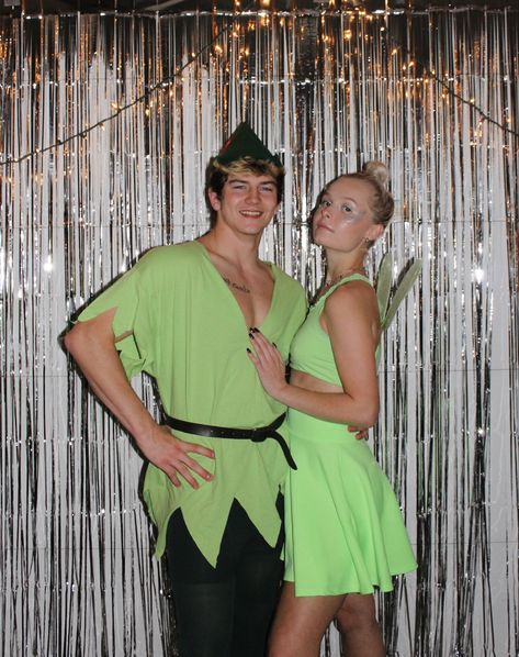 aesthetic • halloween • couples costume Tinkerbell Peter Pan Costume, Tinker Bell And Peter Pan Costume, Tinkerbell And Peter Pan Costume, Peter Pan Tinkerbell Costume, Peter Pan Couple Costume, Peter Pan And Tinkerbell Costume, Tinkerbell And Peter Pan, Peter Pan Halloween, Bell Costume