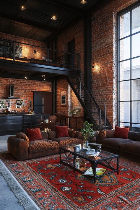 ♥ Looking for inspiration to create a cozy industrial living room? 🏙️ Step into this modern industrial loft apartment with vintage decor elements and industrial shelving. Get ideas for your own urban space with rustic touches in dark, soft grey, and black hues. #IndustrialLivingRoom #IndustrialDecor #UrbanHomeDesign Dark Rustic Home Aesthetic, Brick And Black Interior, Home Decor Industrial Modern, Rustic New York Apartment, Modern Cozy Home Interior Design, Industrial Academia Decor, Black Loft Apartment, Home Decor Dark Aesthetic, Industrial Vintage Living Room