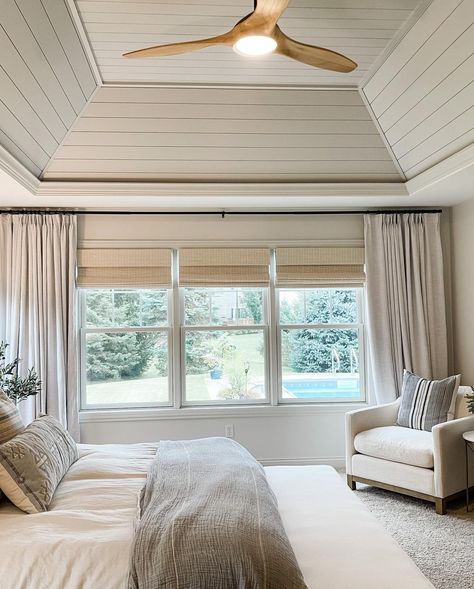 The coolest elevated tray ceiling! One of my favorite bedroom projects from a while back. This was a normal tall tray ceiling that Jeff… | Instagram Tray Ceiling Remodel, Raised Bedroom Ceiling, Tray Ceiling Accent Color, Trayed Ceiling Ideas Bedroom, Tray Ceiling With Shiplap, Tray Ceiling Wood Planks, Primary Bedroom Tray Ceiling, Vaulted Tray Ceiling Bedroom, Wood Ceiling In Bedroom