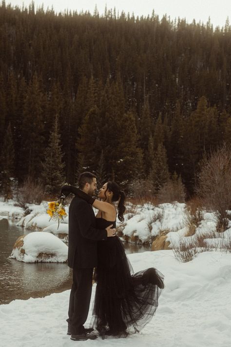 All Black Wedding Attire | Alternative Wedding Ideas | Colorado Wedding Photographer | I'm obsessed with how the all black wedding outfits look against Colorado winter landscapes. Their elopement day was so unique and SO THEM! Discover breckenridge colorado winter wedding, edgy wedding dress, edgy wedding elopement and moody wedding aesthetic. Book McKenzie for your Colorado elopement and alternative wedding photography at mckenziebigliazzi.com! All Black Wedding Attire, All Black Wedding Suit, Black Wedding Attire, Wedding Suit Dress, Breckenridge Colorado Winter, All Black Wedding, Black Wedding Suit, Edgy Wedding Dress, Alternative Wedding Ideas